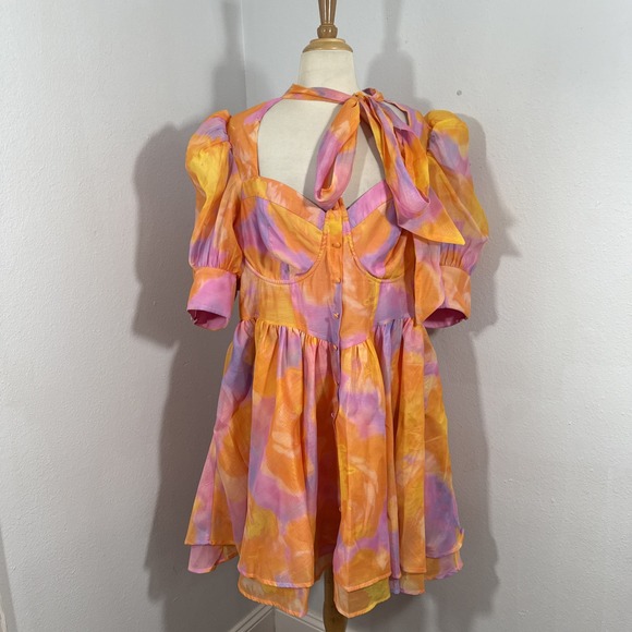 ASOS Mini Dress Womens 14 Curve Sweetheart Babydoll Puff Sleeve Swing - Picture 1 of 12
